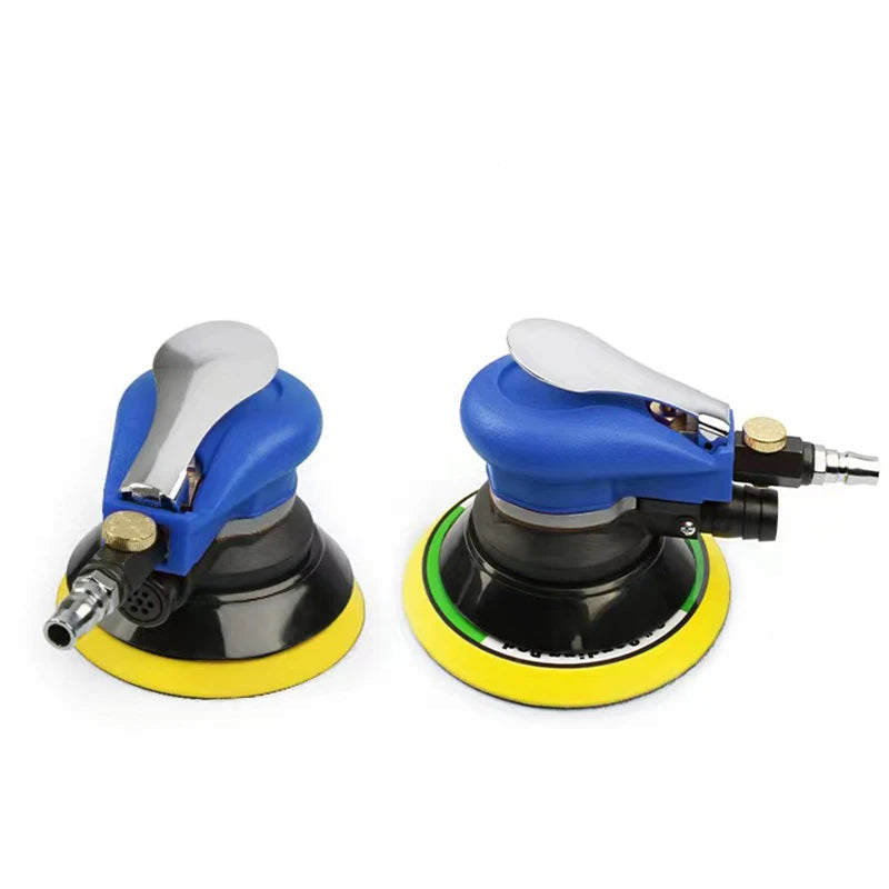 Two pneumatic sanding/polishing machines shown side by side on a white background, labeled 5-inch and 6-inch. One machine has a blue body with a silver lever and yellow disc, and the other has a blue body with a white lever and green ring around the disc.